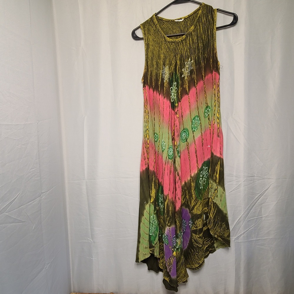 Unbranded Tie Dye Midi Dress Womens OS Green Pink Boho Festival Handkerchief Hem